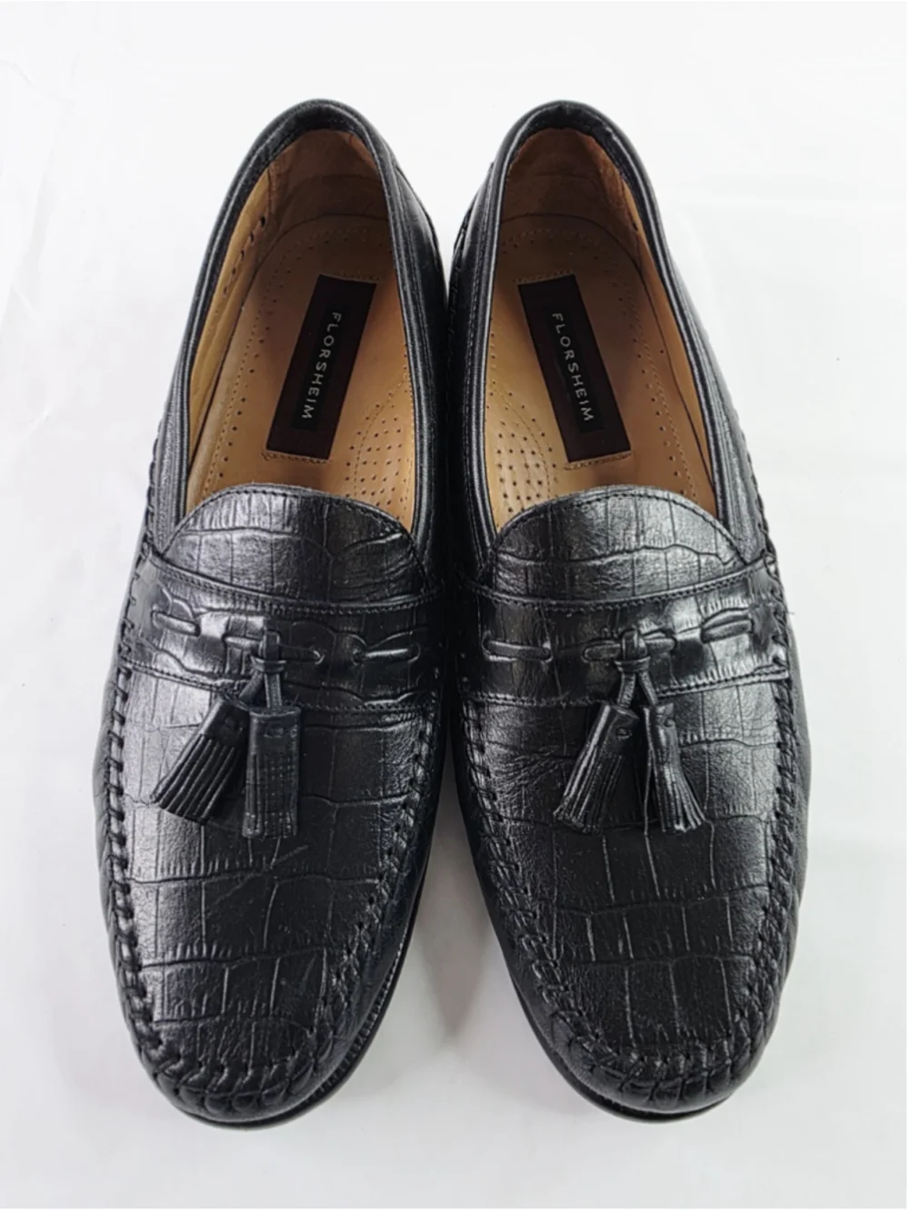 Florsheim Men Moc Toe Black Croc Print Leather Tassel Loafer Size 10.5
